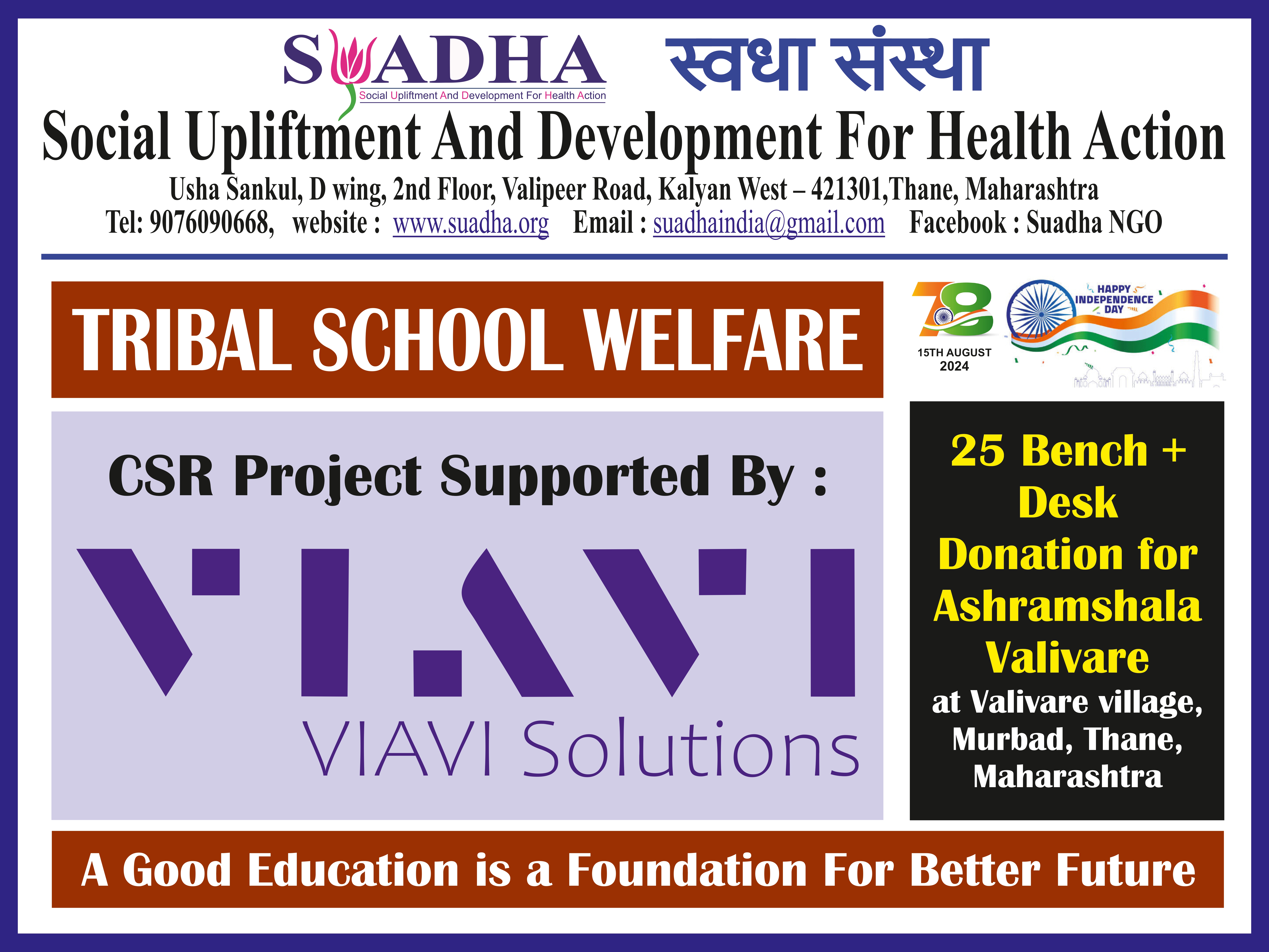 CSR Support by VIAVI Solution, Mumbai on 78th Independence Day for Tribal School
