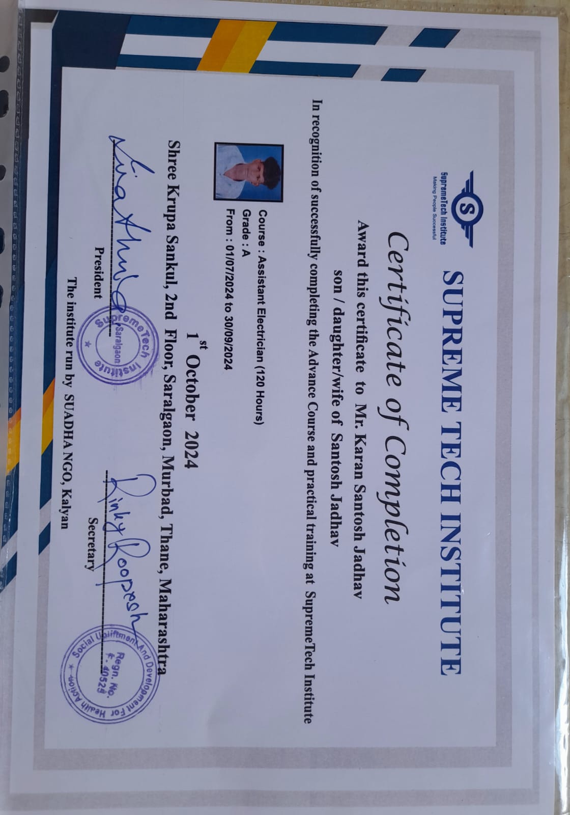 CSR Support by Team Global Logistics, the Completion of 3 Months 'Advance Assistance Electrician Course' from SupremeTech Institute